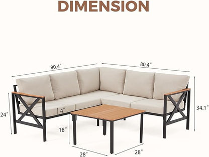 EROMMY 6 Pieces Patio Furniture Sets, Metal Outdoor Sectional Furniture L Shape Patio Conversation Sets with Fauxwood Coffee Table & 6.5" Olefin Cushions for Backyard, Garden, Poolside