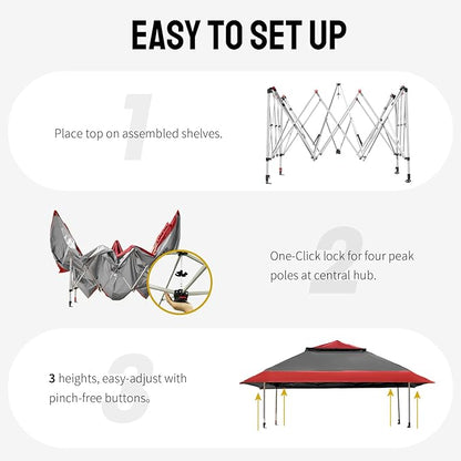 CROWN SHADES 11x11 Pop Up Gazebo, Patented One Push Outoor Canopy Tent with Wheeled STO-N-Go Cover Bag, Pop Up Canopy with Netting for Patio, Backyard (11x11, Red &Grey)