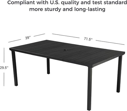 Grand patio Outdoor Dining Set for 6, 7 PCS Patio Table and Chairs Set, Metal Woven Wicker Fixed Patio Chairs with Thickened Cushions & 1 Rectangular Woodgrain Dining Table with Umbrella Hole (Brown)