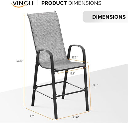 VINGLI Outdoor Bar Chairs Set of 8 – Stackable Outdoor Bar Stools with Sturdy Sling High Back and Armrests for Lawn, Courtyard, Garden, Bar, Silver Gray