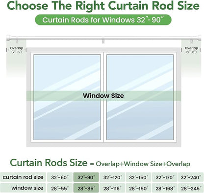 Curtain Rods for Windows 48 to 84, 1 Inch Adjustable White Heavy Duty Long Curtain Rod, Modern Style Indoor Outdoor Window Drapery Rods with End Caps, Size 32" - 90"