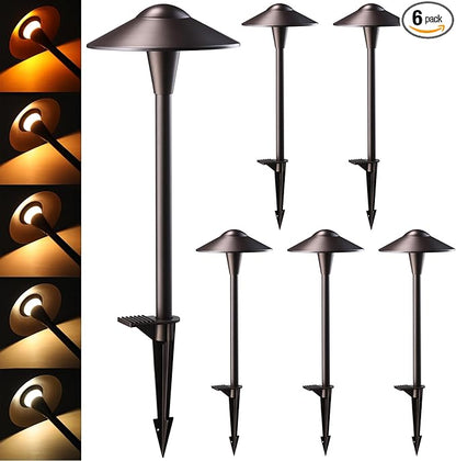 LEONLITE Update 5CCT Low Voltage Pathway Lights, LED Landscape Path Lights, 1800/2700/3000/4000/5000K, Saucer Head, 12-24V AC/DC, IP65 Outdoor Walkway Light, Oil Rubbed Bronze Aluminum, Pack of 6