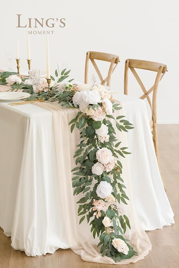 Artificial Flower Garland, 6 Ft Eucalyptus and Willow Leaf, White Beige