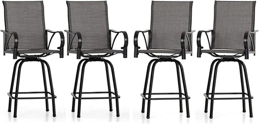 PHI VILLA Outdoor Swivel Bar Stools Set of 4, High Top Patio Bar Stools & Chairs with Armrest & Textilene Fabric for Outside, Grey