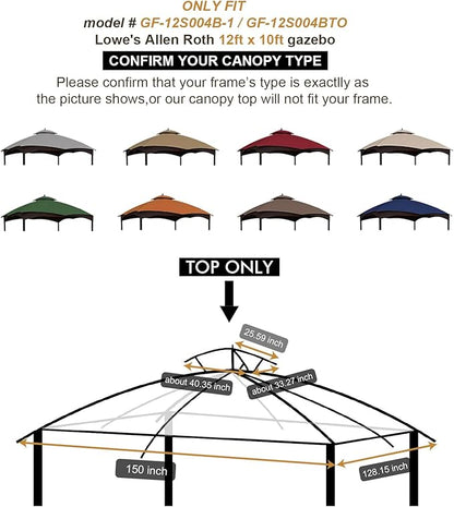 Eurmax USA High Performance Replacement Canopy Top for Lowe's Allen Roth Heavy Duty Gazebo Roof Gazebo Top with Air Vent 10X12 Cover #GF-12S004B-1, Replacement Top Only (Rust)