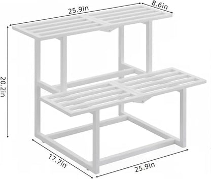 Metal Plant Stand Indoor, Outdoor Iron Plant Shelf, Heavy Duty Slatted Display Shelf for Patio Balcony Garden Living Room Load Bearing 330 LB 26" L x 20.2" H x 17.7" W 2 Tier White