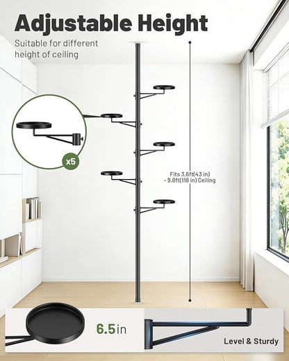 Tension Rod Plant Stand, 5 Tier Tension Pole Plant Stand with 5 Metal Trays, Plant Poles for Hanging Plants Indoor, Floor to Ceiling Plant Pole Hanging Plant Stand