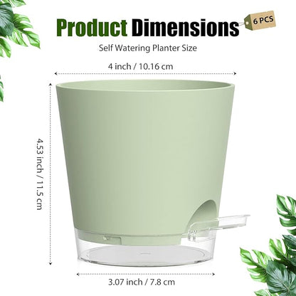 Plant Pots 4 Inch Self Watering Pots,6 Pack Plastic Planters with Drainage Holes and Clear Saucers,Plastic Flower Pots,Nursery Planting Pot for Indoor Out Door Plants (Green)