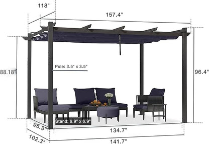 PURPLE LEAF 10' x 13' Aluminum Outdoor Pergola Wind-Resistant Retractable Pergola with Double Sun Shade Canopy Heavy-Duty Metal Pergola for Patios Backyard Deck Garden, Navy Blue
