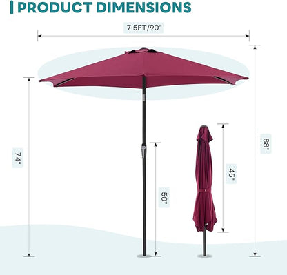 OLIXIS 7.5ft Patio Umbrella with Tilt and Crank Button & 8 Sturdy Ribs Waterproof, Patio Table Umbrella Perfect for Poolside, Terrace, Beach and Outdoor Restaurant, Red
