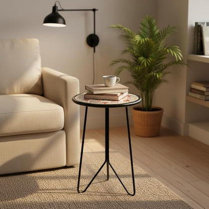 LIFFY Outdoor Metal Side Table,12" Small Outdoor Accent Table with Glass Top,Indoor Round Home Decorative End Table,Weather Resistant Patio Plant Stands Outside for Garden Bedroom Kitchen Balcony