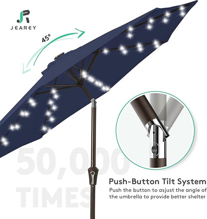 JEAREY 9FT Outdoor Patio Umbrella with Solar Lights, LED Lighted Pool Umbrella with Tilt and Crank, Outdoor Table Umbrellas for Deck, Yard & Market (9ft, Navy Blue)