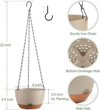 Hanging Planters for Indoor Plants, Set of 2 8/10 Inch Self-Watering Hanging Pots with Drainage Hole & Removable Water-Storage Tray II Screw-in Hooks