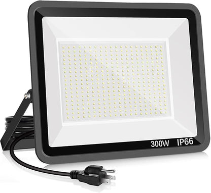 300W LED Flood Light Outdoor,2000W Equivalent 5000K Daylight White Super Bright FloodLight with Plug,43500LM IP66 Waterproof Commercial Lighting for Sports Fields,Counts,Arena,Stadium