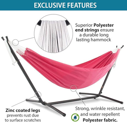 Vivere Double Polyester Hammock with Space Saving Steel Stand and Premium Carry Bag - 450 lb Capacity (Hot Pink)