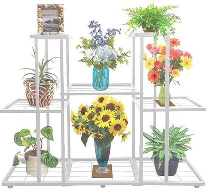 MTB Garden 3 Tier 8 Potted Metal Large Plant Stand for Indoor Outdoor Flower Pot Display Planter Shelf, White