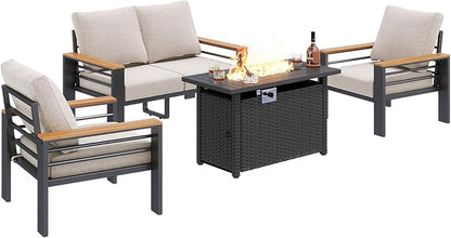 Aoxun Aluminum Outdoor Patio Furniture Set, 5-Piece Outdoor Sectional with 44'' Propane Gas Firepit Table, Patio Conversation Sets with Upgraded Armrests and Cushions for Backyard (Grey,4 Seats)