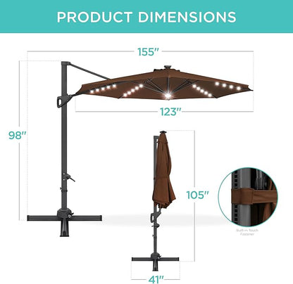 Best Choice Products 10ft Solar LED Cantilever Patio Umbrella, 360-Degree Rotation Hanging Offset Market Outdoor Sun Shade for Backyard, Deck, Poolside w/Lights, Easy Tilt, Cross Base