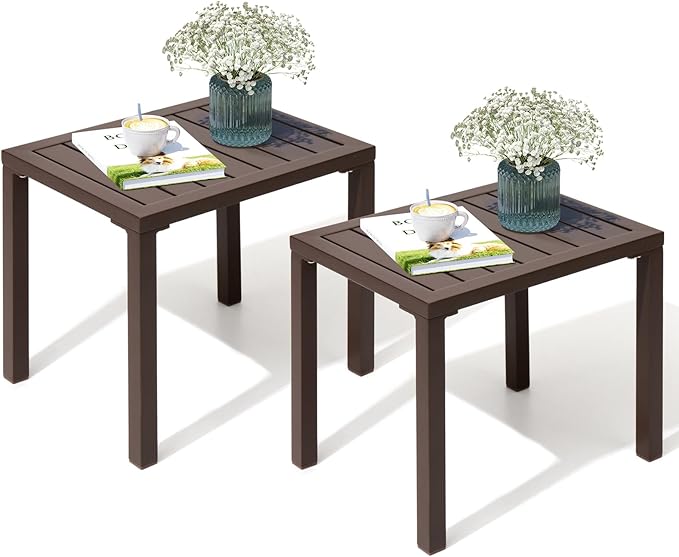 Crestlive Products Outdoor Side Table Set of 2, Aluminum Rectangular Side/End Table, Small Patio Coffee Bistro Table for Outdoor Indoor (Brown)
