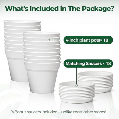 T4U 4 Inch Plant Pots 18-Pack, Small Flower Pots with Saucer and Drainage Hole, Durable Plastic Pots, Nursery Small Flower Pot Bulk for Plants, Succulent, Violet, Decorative (18 Pack 4" Pot, White)