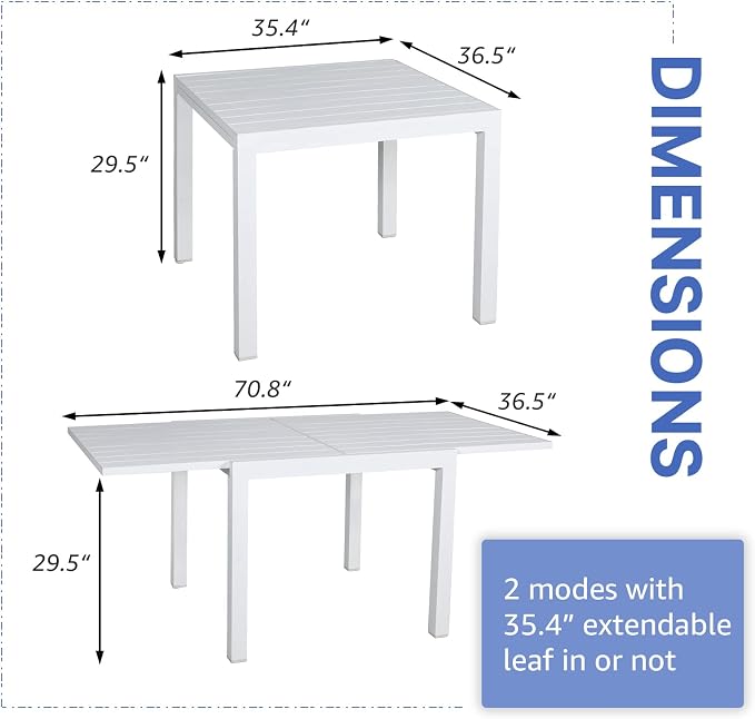 Extendable Patio Dining Table, 35-71 in, Aluminum, White