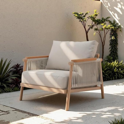 Acanva Modern All-Weather Aluminum Outdoor Patio Sofa with Thick Cushions, Olefin Fabric Sunroom Backyard Furniture, Light Khaki, Armchair