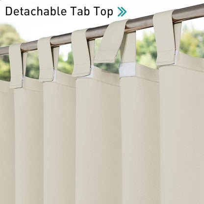 NICETOWN Detachable Sticky Tab Top Outdoor Curtain for Patio Waterproof, Triple Weave Sun Block Wind Prevention Blackout Indoor Outdoor Drapes Keep Sun/Rain Out, Beige, W52 x L108, 1 Piece