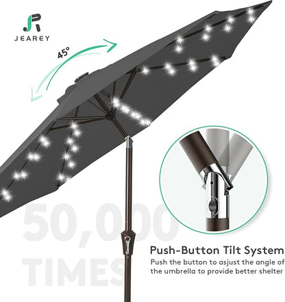 JEAREY 9FT Outdoor Patio Umbrella with Solar Lights, LED Lighted Pool Umbrella with Tilt and Crank, Outdoor Table Umbrellas for Deck, Yard & Market (Dark Gray)