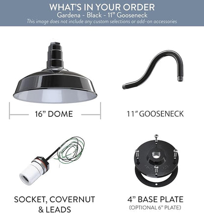 Outdoor Wall Light, 16-Inch Dome, Black and White Steel Barn Sconce