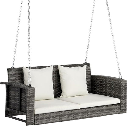 VINGLI Heavy Duty 800 LBS Wicker Hanging Porch Swing with Cushions & Chains, 4FT Outdoor Rattan Swing Bench for Garden, Yard, Lawn (Grey+White)
