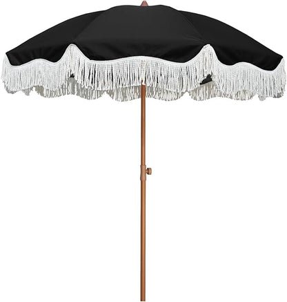 AMMSUN Boho Fringe Umbrella Outdoor Patio, 6.5ft UPF50+ Picnic Umbrella with Tassels with Steel Pole and Push Button Tilt, Noble Black