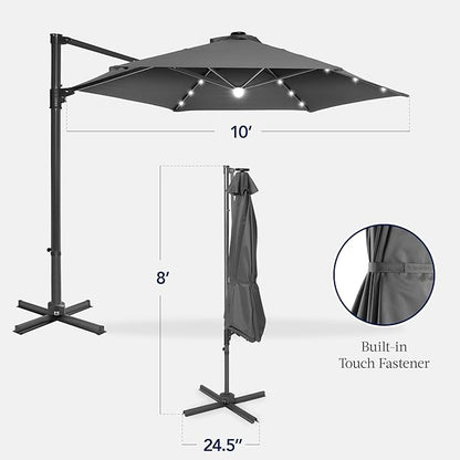 Best Choice Products 10ft Solar LED Offset Cantilever Hanging Market Patio Umbrella, Smooth 360° Rotation, 8 Sturdy Ribs, Easy Adjustment - Gray