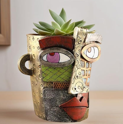 Picasso Abstract Face Flower Pot,Unique Resin Crafted Planter with Drainage Holes,Interesting Colorful Planter with Human face,for Indoor and Outdoor Botanical Home décor (Retro)
