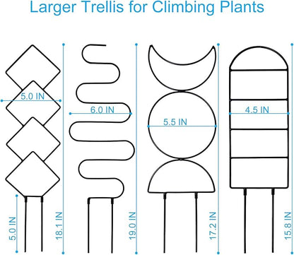 4 Packs 19 in Heighten Trellis for Climbing Plants Indoor, HENABLE Small Garden Metal Trellis for Potted Plants Outdoor for Vine Ivy Flower Plant Support, 4 Different Black Iron Patterns