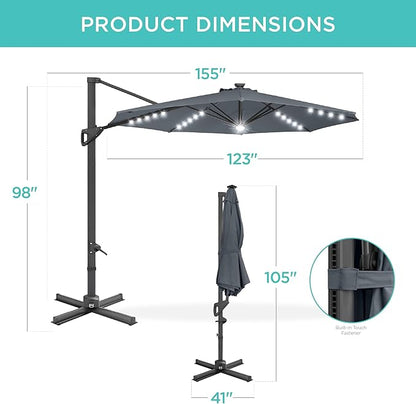 Best Choice Products 10ft Solar LED Cantilever Patio Umbrella, 360-Degree Rotation Hanging Offset Market Outdoor Sun Shade for Backyard, Deck, Poolside w/Lights, Easy Tilt, Cross Base
