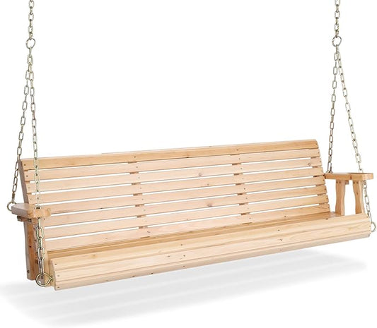 VINGLI Upgraded Patio Wooden Porch Swing for Courtyard & Garden, Heavy Duty 880 LBS Swing Chair Bench with Hanging Chains for Outdoors (Natural, 5 FT)