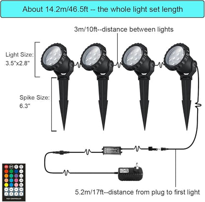 Spotlights Outdoor, RGB Color Changing Landscape Lights 12W 800lm 120V Plug in LED Spot Lights with Remote, IP66 Waterproof Outdoor Lights for Tree Yard House Flag Garden, 46.5ft Cord, 4 Pack