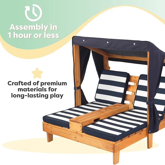 KidKraft Wooden Outdoor Double Chaise Lounge with Cup Holders, Kid's Patio Furniture, Honey with Navy and White Striped Fabric, Gift for Ages 3-8