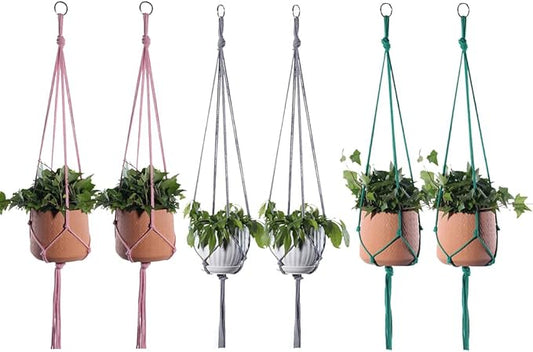 ELANE 6PCS Macrame Plant Hanger Indoor Hanging Planter Basket Decorative Tassels Flower Pot Holder for Indoor Outdoor Home Decor(Pink,Grey,Green)
