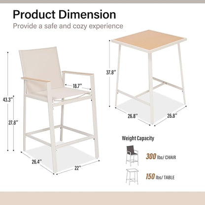 LAUSAINT HOME 3-Piece Patio Bar Set, All Weather Textilene Bar Height Table and Chairs Set with Wood Like-Top Table, Metal Counter Height Bar Stools and Table Set for Garden, Deck, Balcony