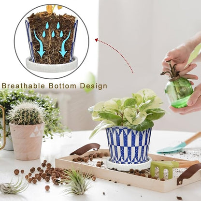 Small Ceramic Pots for Plants, 4.7 inch Blue and White Plant Pot Indoor with Drainage & Saucer Set of 3 Ceramic Planters for Indoor Plants Succulent Pot Decorative Flower Pots for Cactus, Orchid, Herb