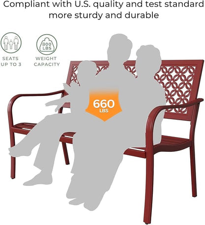 Grand patio Garden Bench, Outdoor Benches with Anti-Rust Metal Powder Coated Frame, Patio Bench for Front Porch Park Outside Furniture Decor, Cherry Red