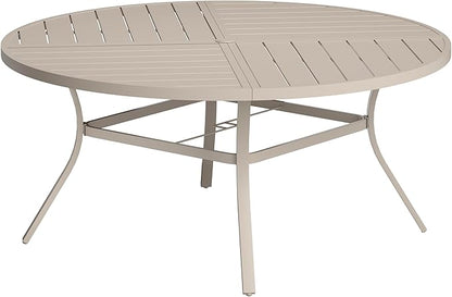 VICLLAX Round Patio Table with Adjustable Umbrella Hole for 8, All Weather Metal Outdoor Dining Table for Lawn Garden, 59.8" Outdoor Coffee Table, Cream Color Frame
