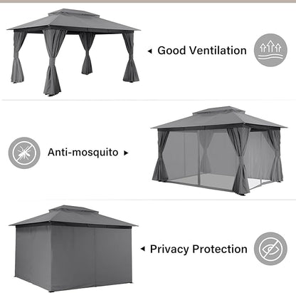 LAUSAINT HOME Semi-Permanent Outdoor Patio Gazebo 10'x13', Heavy Duty Party Tent Shelter with Double Roofs, Mosquito Nettings and Privacy Screens for Backyard, Garden, Lawn, Gray