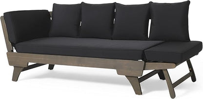 Merax Outdoor Patio Daybed Sofa,3-Seat Sofa with Foldable Arm 4 Back Pillows,Teak Acacia Wood Frame Beige Removable Cushion,Grey+Black