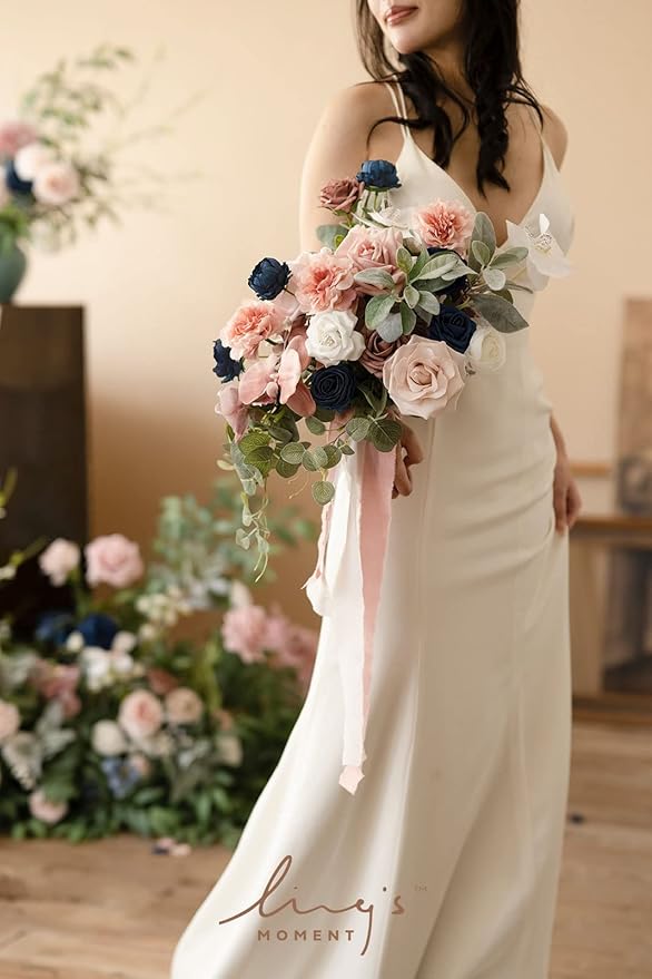 Artificial Bridal Bouquet in Dusty Rose and Navy, Cascading Silk Flowers with Pearls
