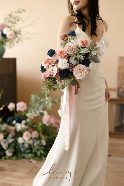 Artificial Bridal Bouquet in Dusty Rose and Navy, Cascading Silk Flowers with Pearls