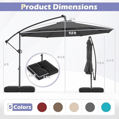 Tangkula 10ft Solar LED Patio Umbrella with Base, Offset Cantilever Outdoor Umbrella with 32 LED Lights, Infinite Tilt, 360 Degree Rotation, Crank Handle for Pool Deck Garden Backyard (Gray)
