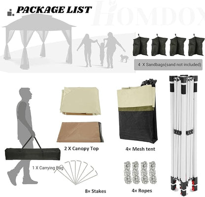 COBIZI 12x12 Pop Up Gazebo On Clearance - Upgrade Easy Up Metal Outdoor Canopy Waterproof - Portable Gazebo with Mosquito Nettings, 4 Ropes 8 Stakes and Carry Bag for Patio Garden(Khaki)