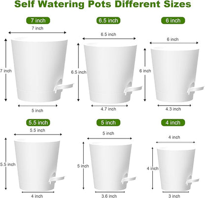 Self Watering Pots, 7/6.5/6/5.5/5/4 inch Flower Pots with Multi Mesh Drainage Holes, Small Platic Planters for Indoor Outdoor Garden Plants and Flowers (White, 7"+6.5"+6"+5.5"+5"+4")